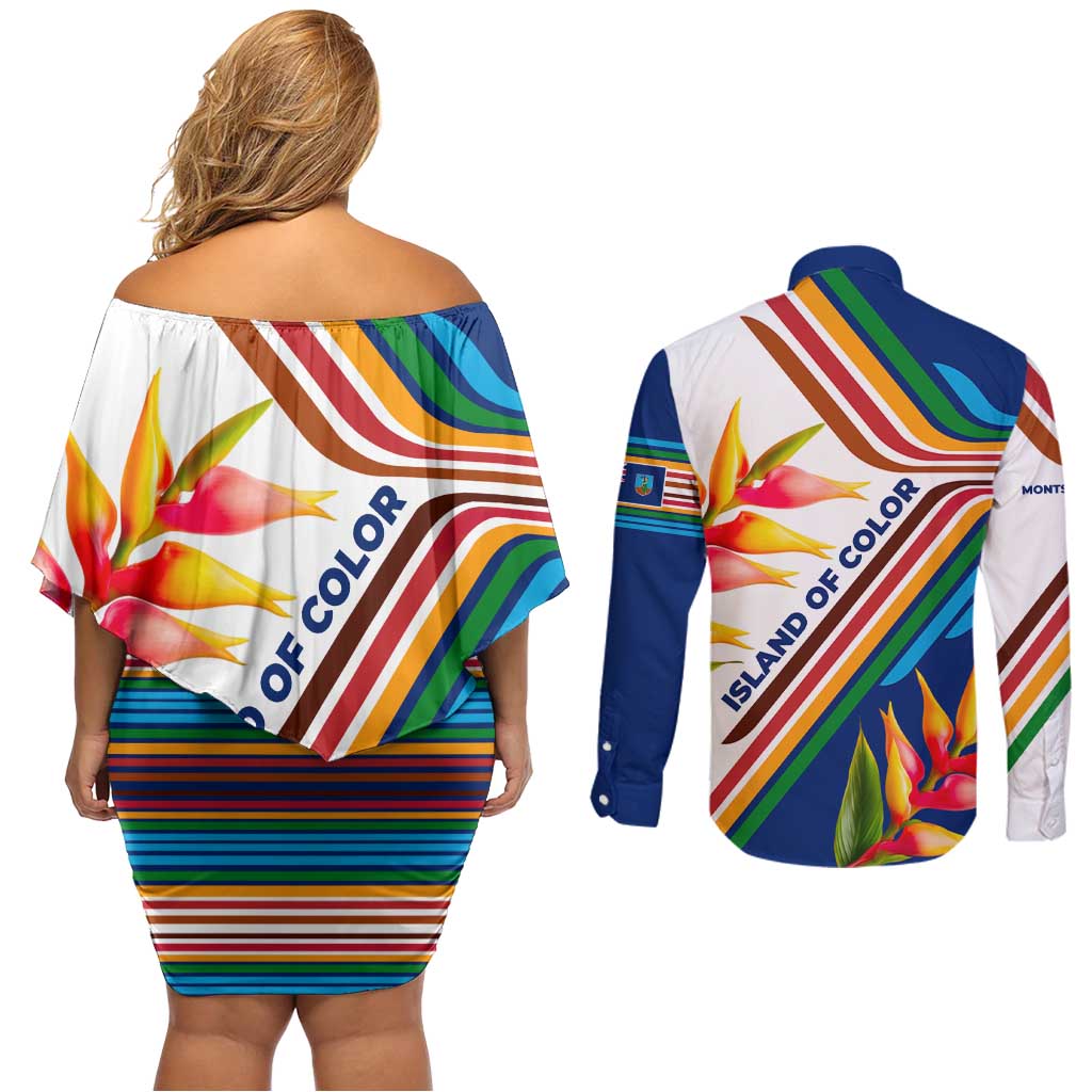 Montserrat Couples Matching Off Shoulder Short Dress and Long Sleeve Button Shirt with Heliconia Flower Illustration Colorful Retro Stripe Design - Wonder Print Shop