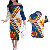 Montserrat Couples Matching Off The Shoulder Long Sleeve Dress and Hawaiian Shirt with Heliconia Flower Illustration Colorful Retro Stripe Design - Wonder Print Shop