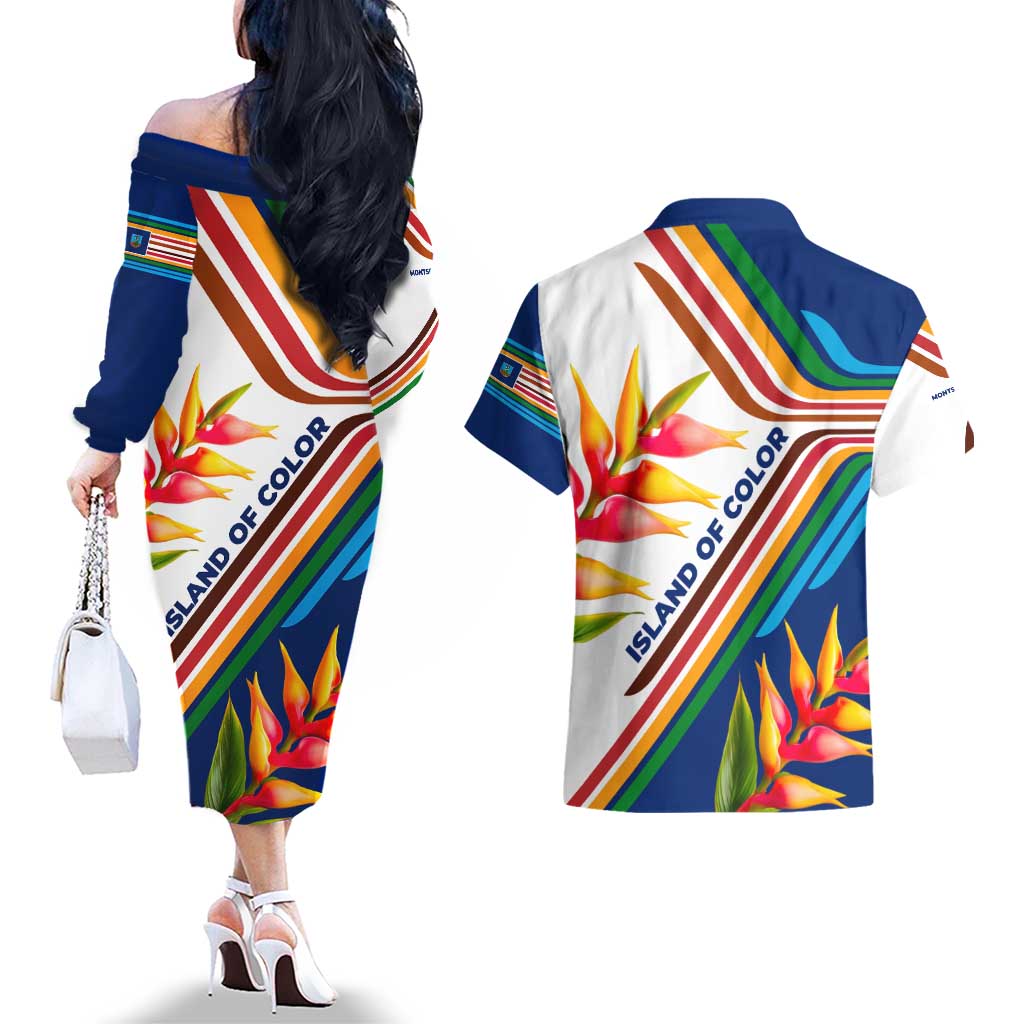 Montserrat Couples Matching Off The Shoulder Long Sleeve Dress and Hawaiian Shirt with Heliconia Flower Illustration Colorful Retro Stripe Design - Wonder Print Shop