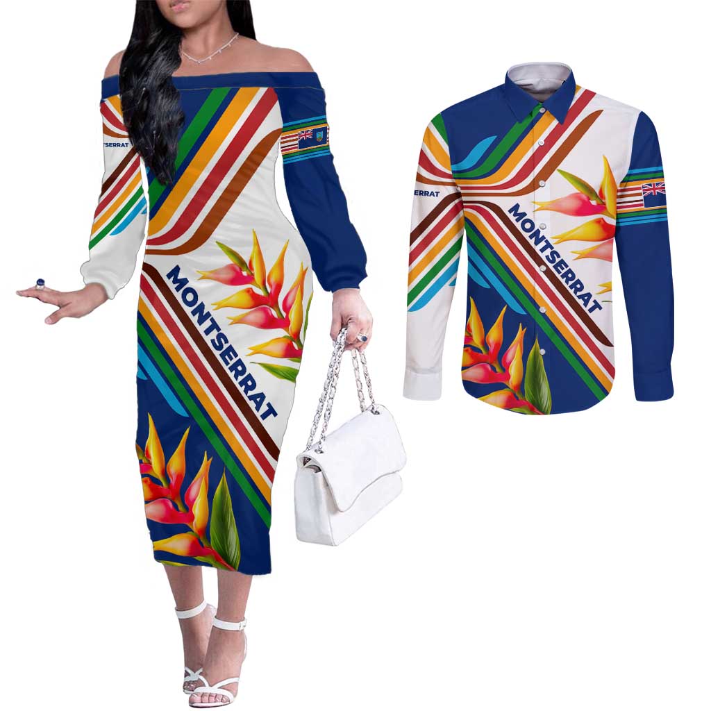 Montserrat Couples Matching Off The Shoulder Long Sleeve Dress and Long Sleeve Button Shirt with Heliconia Flower Illustration Colorful Retro Stripe Design - Wonder Print Shop
