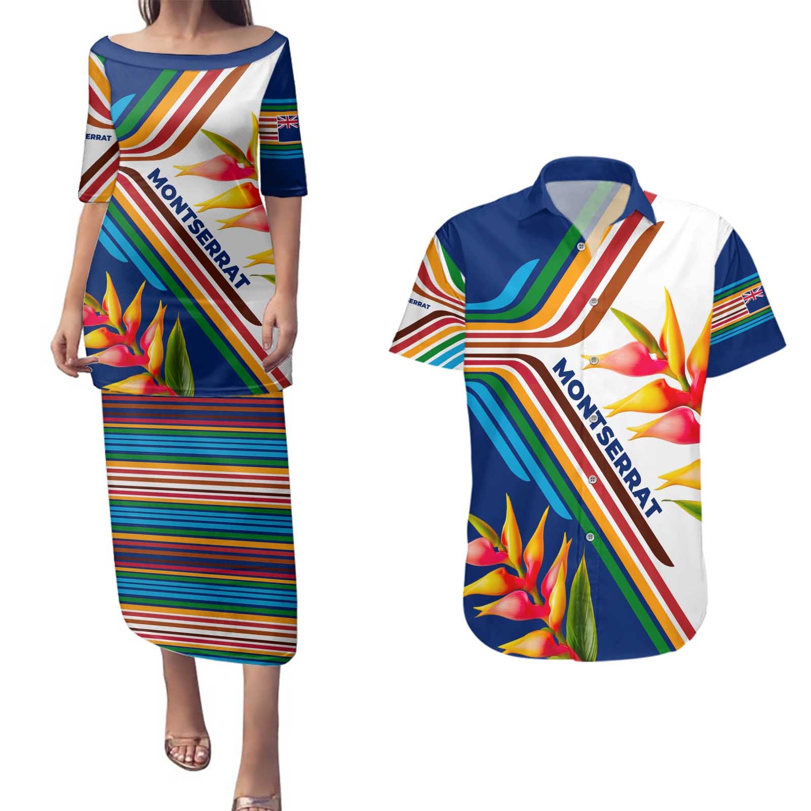 Montserrat Couples Matching Puletasi and Hawaiian Shirt with Heliconia Flower Illustration Colorful Retro Stripe Design - Wonder Print Shop