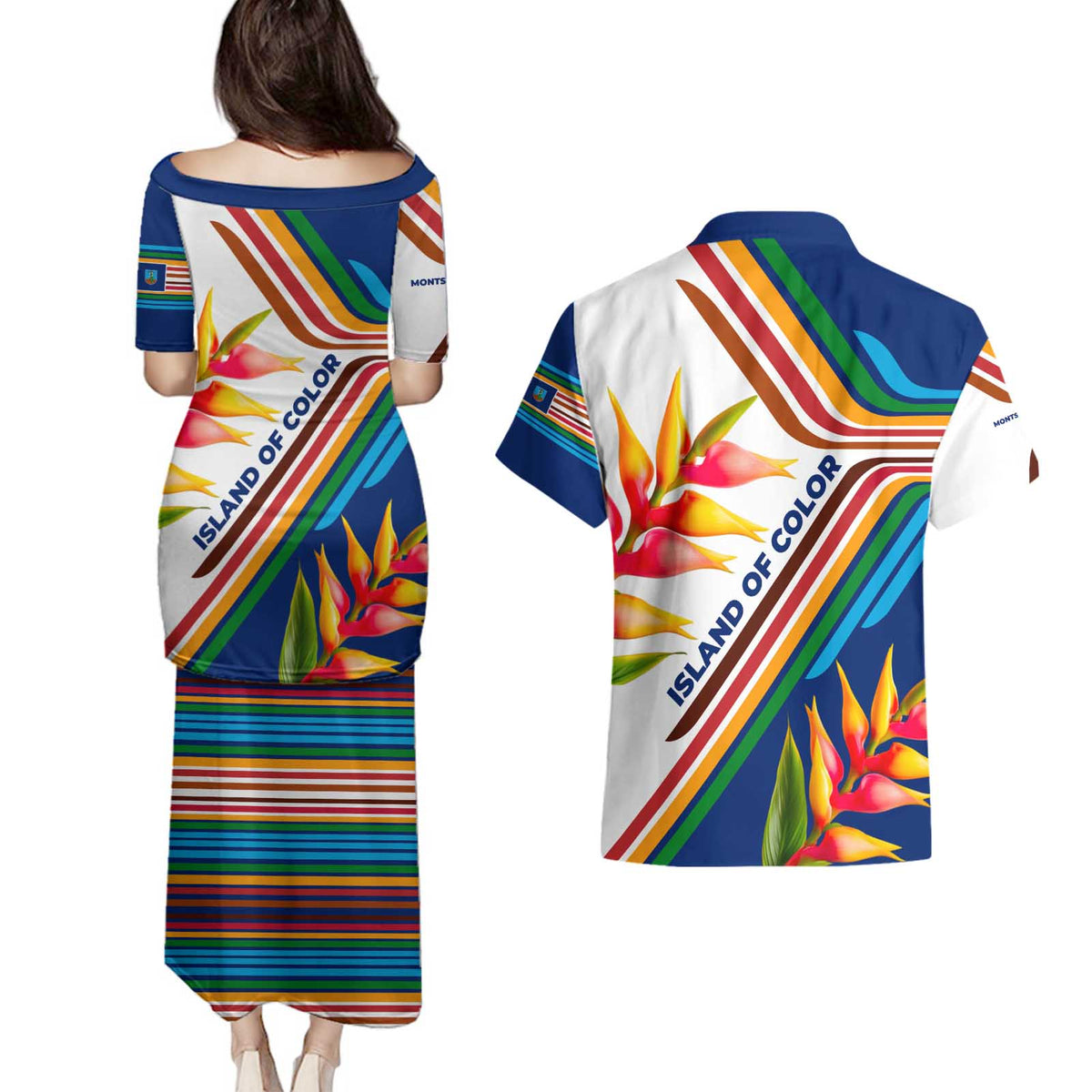 Montserrat Couples Matching Puletasi and Hawaiian Shirt with Heliconia Flower Illustration Colorful Retro Stripe Design - Wonder Print Shop