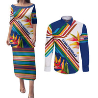 Montserrat Couples Matching Puletasi and Long Sleeve Button Shirt with Heliconia Flower Illustration Colorful Retro Stripe Design - Wonder Print Shop