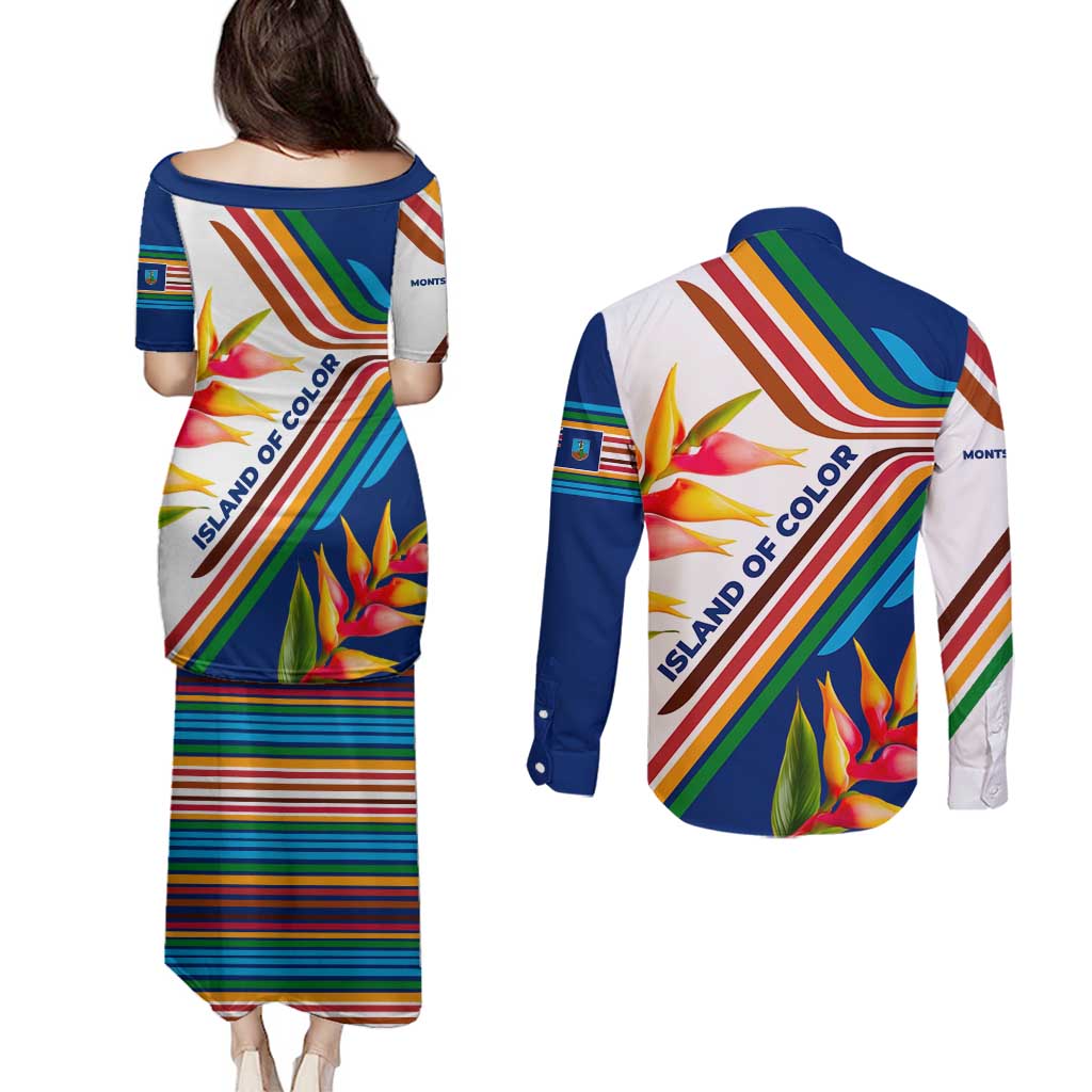 Montserrat Couples Matching Puletasi and Long Sleeve Button Shirt with Heliconia Flower Illustration Colorful Retro Stripe Design - Wonder Print Shop