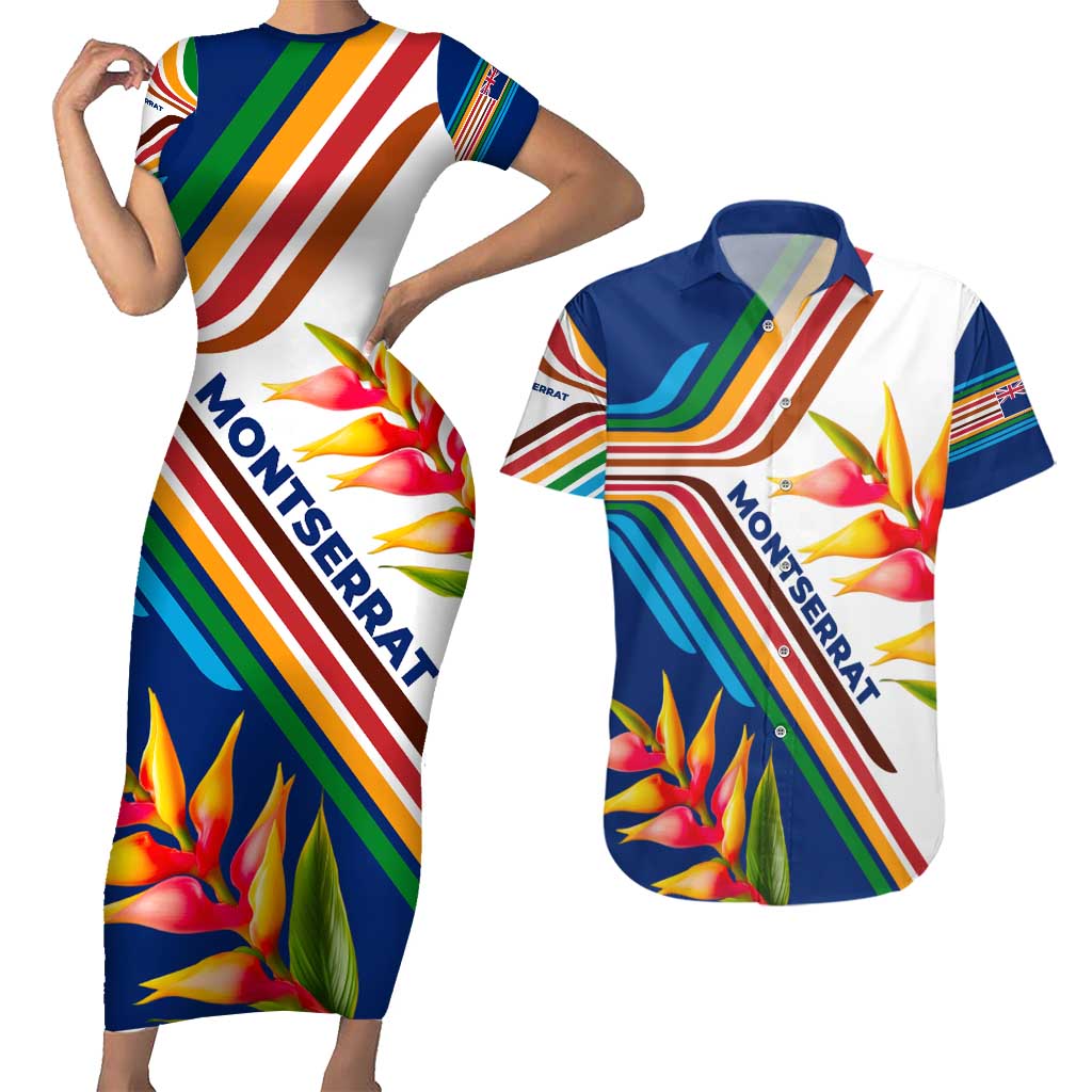 Montserrat Couples Matching Short Sleeve Bodycon Dress and Hawaiian Shirt with Heliconia Flower Illustration Colorful Retro Stripe Design - Wonder Print Shop