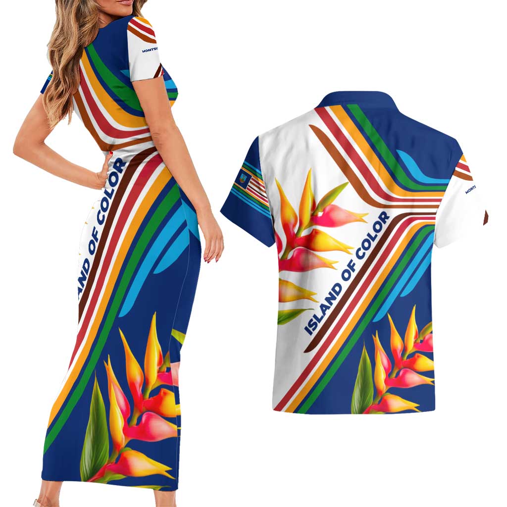 Montserrat Couples Matching Short Sleeve Bodycon Dress and Hawaiian Shirt with Heliconia Flower Illustration Colorful Retro Stripe Design - Wonder Print Shop