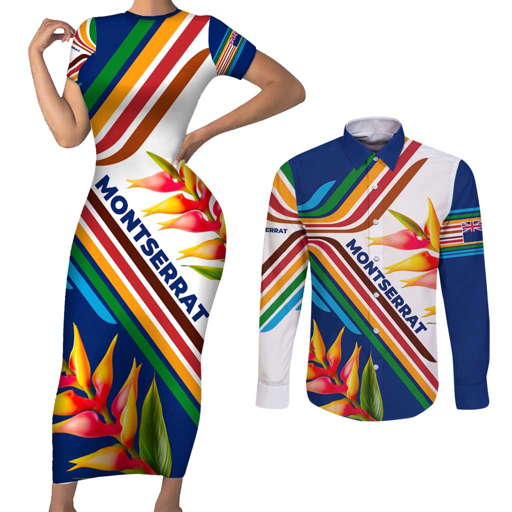 Montserrat Couples Matching Short Sleeve Bodycon Dress and Long Sleeve Button Shirt with Heliconia Flower Illustration Colorful Retro Stripe Design - Wonder Print Shop