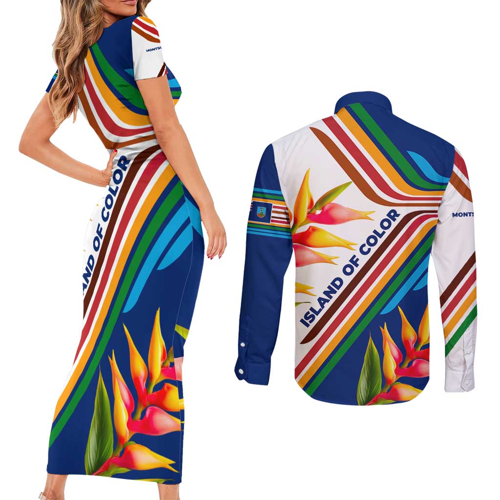 Montserrat Couples Matching Short Sleeve Bodycon Dress and Long Sleeve Button Shirt with Heliconia Flower Illustration Colorful Retro Stripe Design - Wonder Print Shop