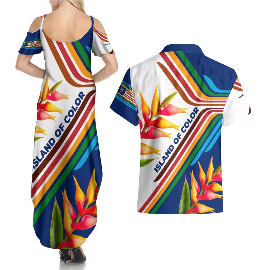 Montserrat Couples Matching Summer Maxi Dress and Hawaiian Shirt with Heliconia Flower Illustration Colorful Retro Stripe Design - Wonder Print Shop
