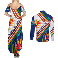 Montserrat Couples Matching Summer Maxi Dress and Long Sleeve Button Shirt with Heliconia Flower Illustration Colorful Retro Stripe Design - Wonder Print Shop