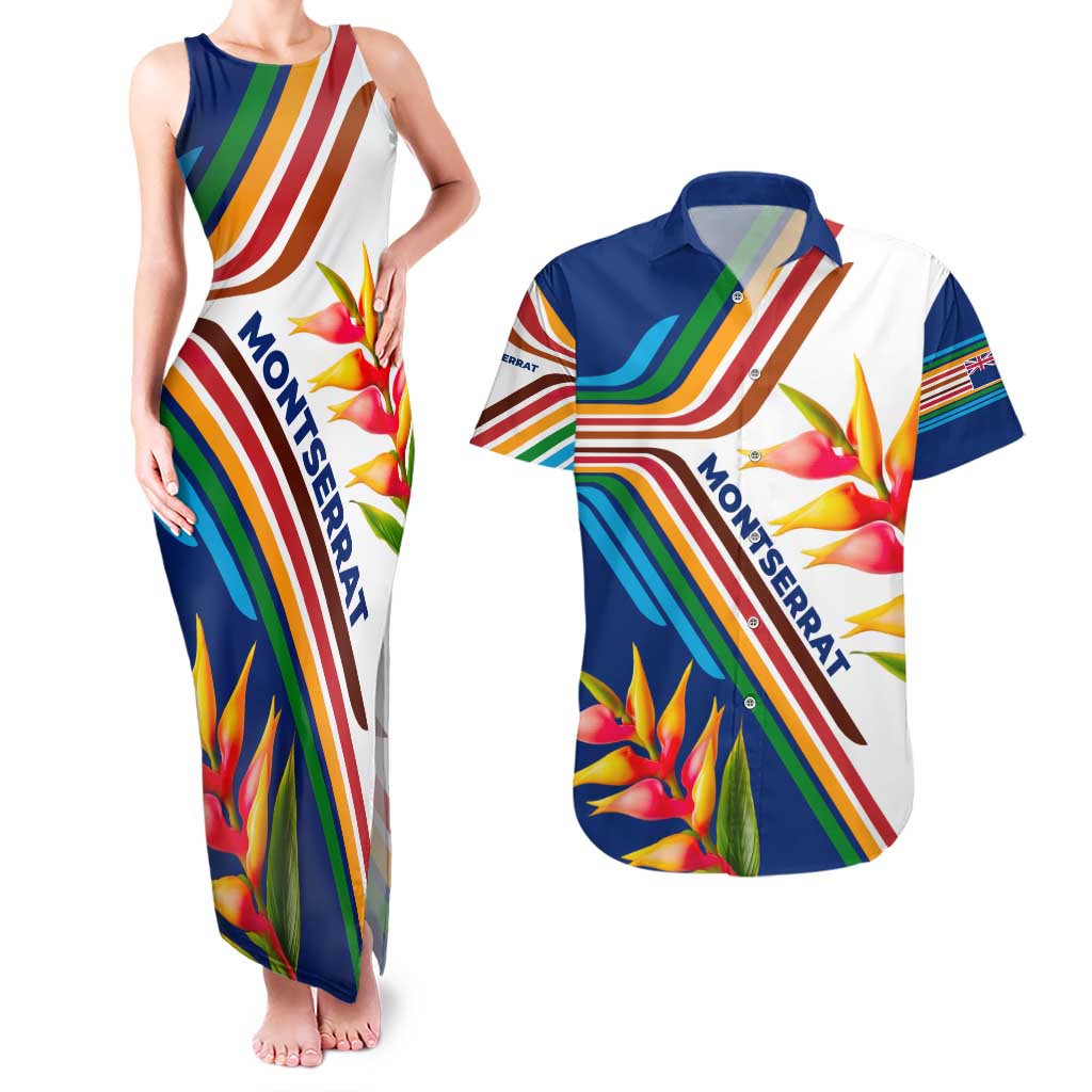 Montserrat Couples Matching Tank Maxi Dress and Hawaiian Shirt with Heliconia Flower Illustration Colorful Retro Stripe Design - Wonder Print Shop