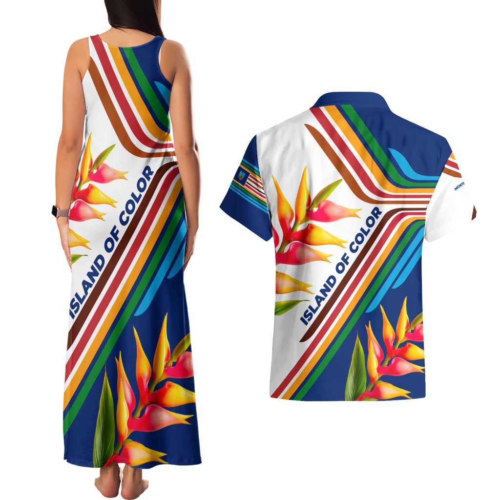 Montserrat Couples Matching Tank Maxi Dress and Hawaiian Shirt with Heliconia Flower Illustration Colorful Retro Stripe Design - Wonder Print Shop