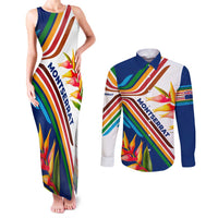 Montserrat Couples Matching Tank Maxi Dress and Long Sleeve Button Shirt with Heliconia Flower Illustration Colorful Retro Stripe Design - Wonder Print Shop