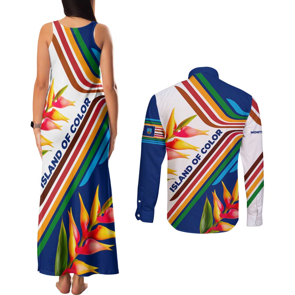 Montserrat Couples Matching Tank Maxi Dress and Long Sleeve Button Shirt with Heliconia Flower Illustration Colorful Retro Stripe Design - Wonder Print Shop
