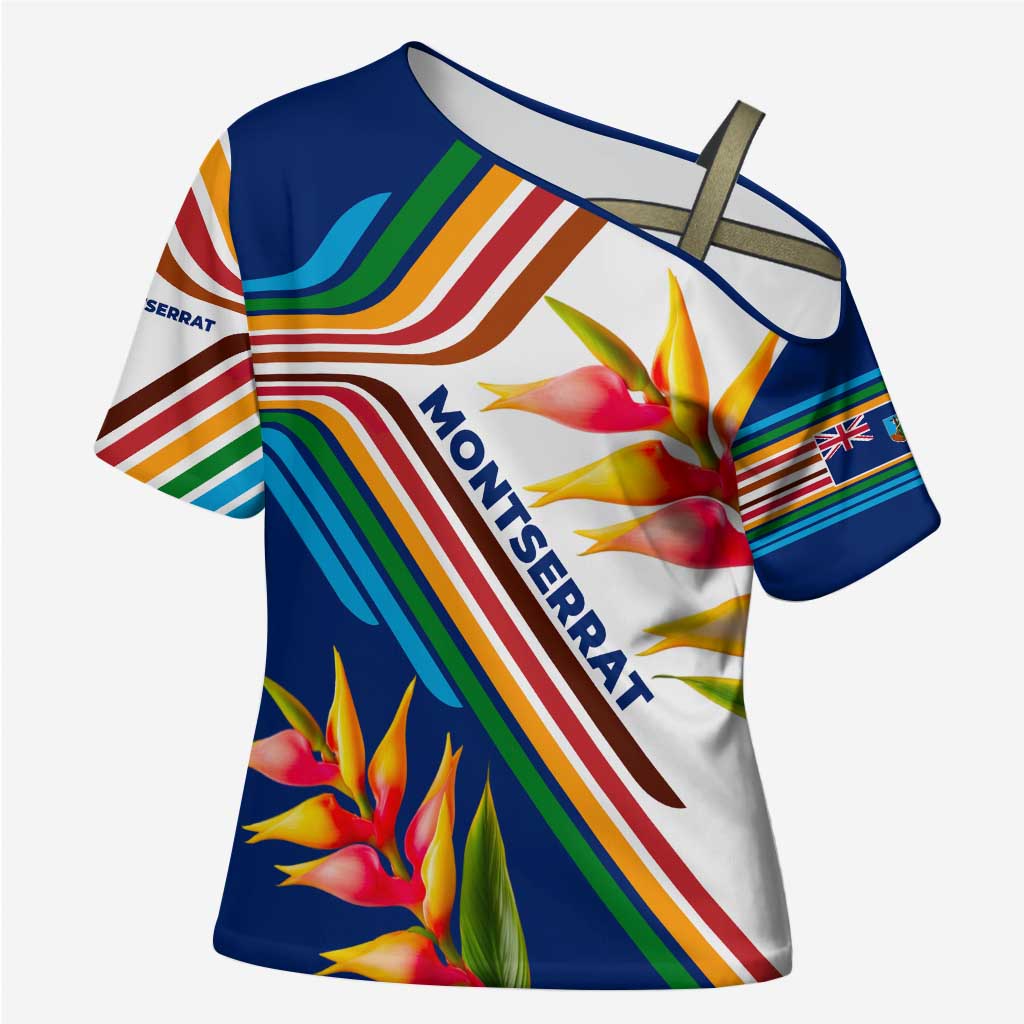 Montserrat Cross Shoulder Shirt with Heliconia Flower Illustration Colorful Retro Stripe Design - Wonder Print Shop