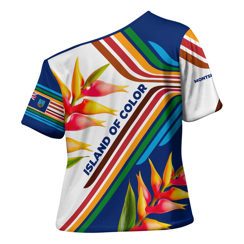 Montserrat Cross Shoulder Shirt with Heliconia Flower Illustration Colorful Retro Stripe Design - Wonder Print Shop