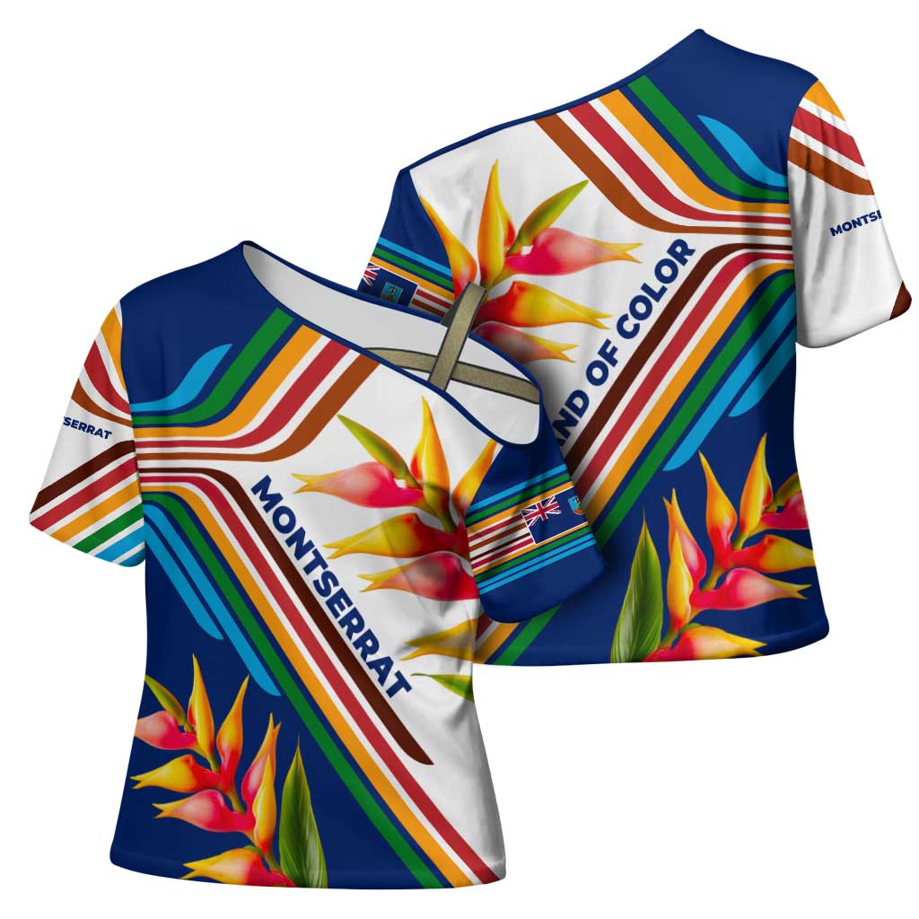 Montserrat Cross Shoulder Shirt with Heliconia Flower Illustration Colorful Retro Stripe Design - Wonder Print Shop