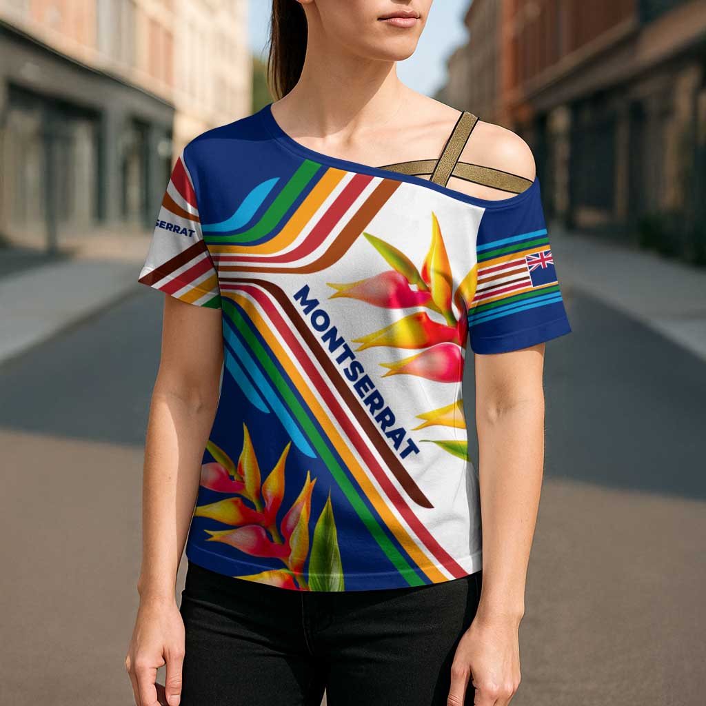 Montserrat Cross Shoulder Shirt with Heliconia Flower Illustration Colorful Retro Stripe Design - Wonder Print Shop