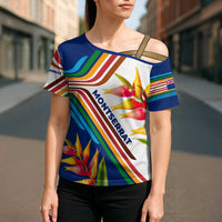 Montserrat Cross Shoulder Shirt with Heliconia Flower Illustration Colorful Retro Stripe Design - Wonder Print Shop