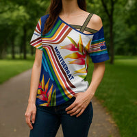Montserrat Cross Shoulder Shirt with Heliconia Flower Illustration Colorful Retro Stripe Design - Wonder Print Shop
