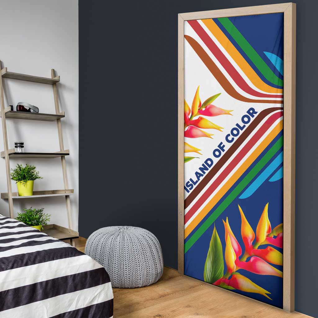 Montserrat Door Cover with Heliconia Flower Illustration Colorful Retro Stripe Design - Wonder Print Shop