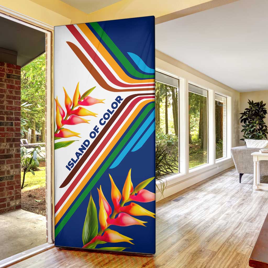 Montserrat Door Cover with Heliconia Flower Illustration Colorful Retro Stripe Design - Wonder Print Shop