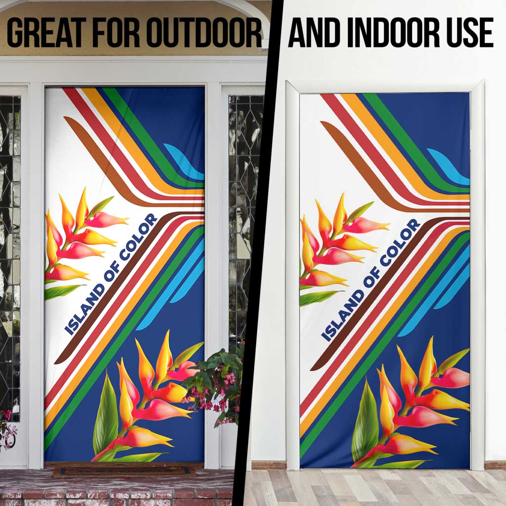 Montserrat Door Cover with Heliconia Flower Illustration Colorful Retro Stripe Design - Wonder Print Shop