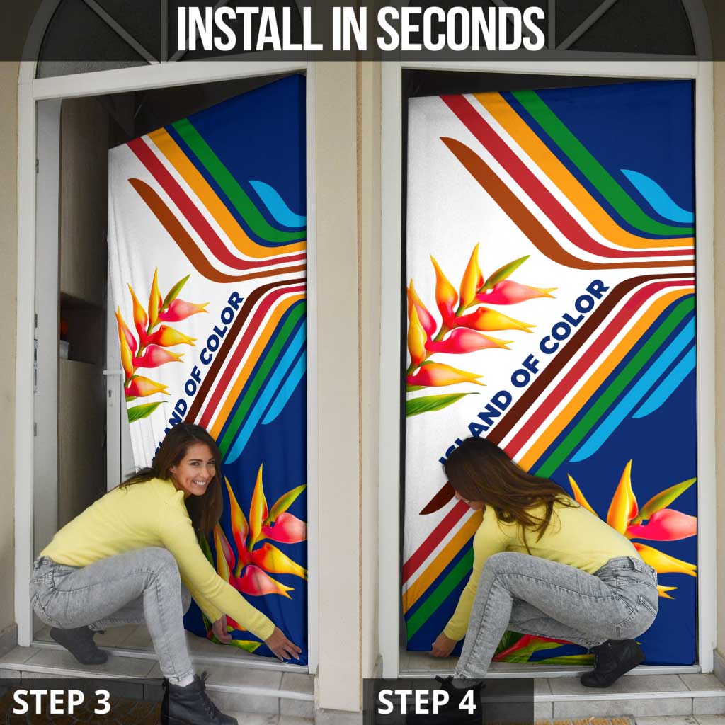 Montserrat Door Cover with Heliconia Flower Illustration Colorful Retro Stripe Design - Wonder Print Shop