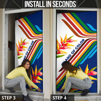 Montserrat Door Cover with Heliconia Flower Illustration Colorful Retro Stripe Design - Wonder Print Shop