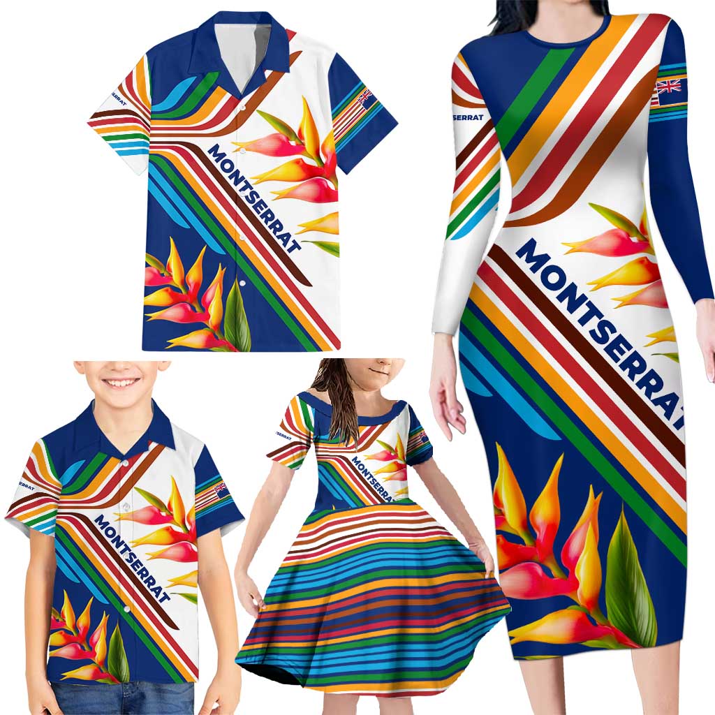 Montserrat Family Matching Long Sleeve Bodycon Dress and Hawaiian Shirt with Heliconia Flower Illustration Colorful Retro Stripe Design - Wonder Print Shop