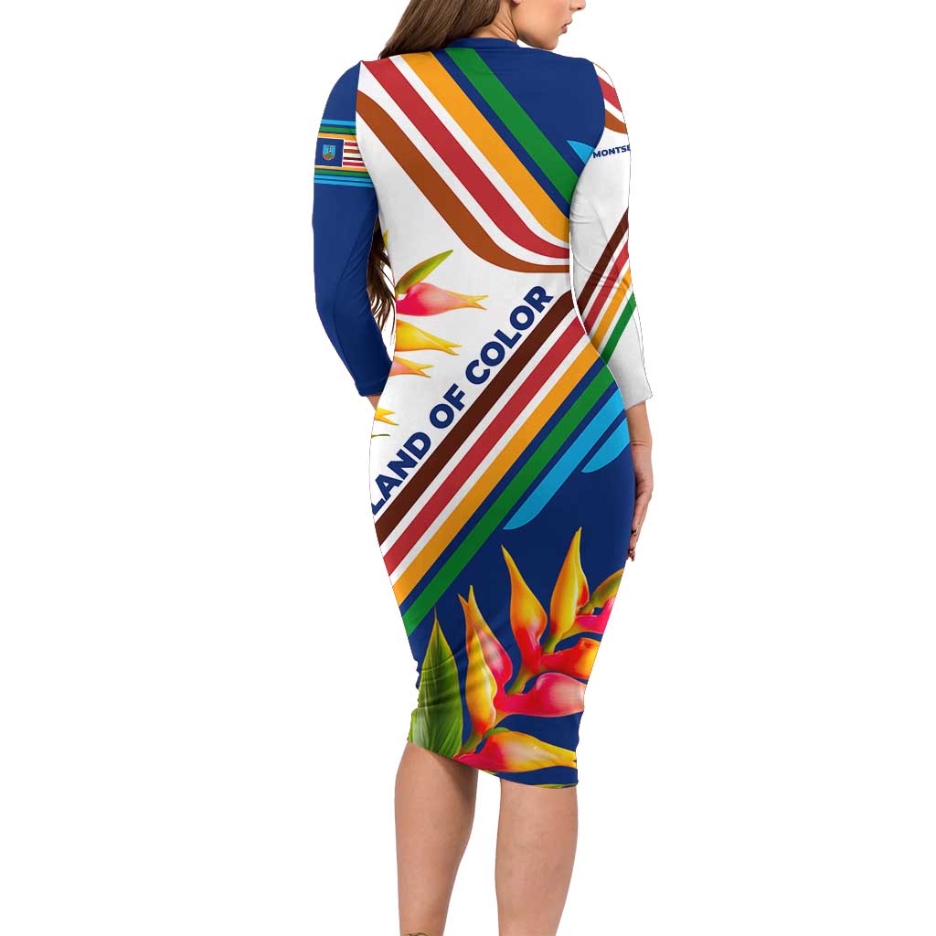 Montserrat Family Matching Long Sleeve Bodycon Dress and Hawaiian Shirt with Heliconia Flower Illustration Colorful Retro Stripe Design - Wonder Print Shop