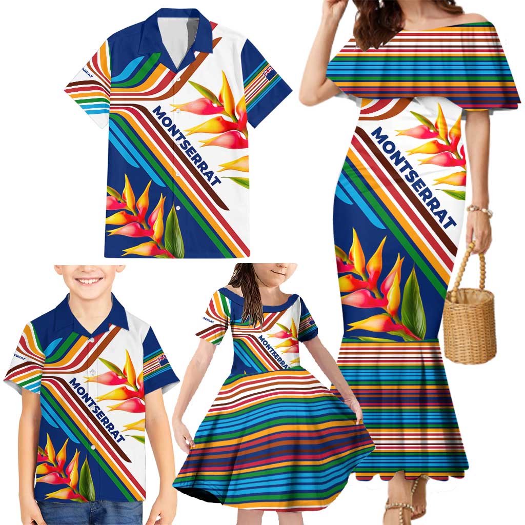 Montserrat Family Matching Mermaid Dress and Hawaiian Shirt with Heliconia Flower Illustration Colorful Retro Stripe Design - Wonder Print Shop