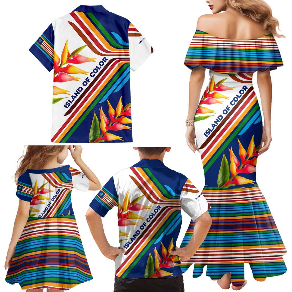 Montserrat Family Matching Mermaid Dress and Hawaiian Shirt with Heliconia Flower Illustration Colorful Retro Stripe Design - Wonder Print Shop