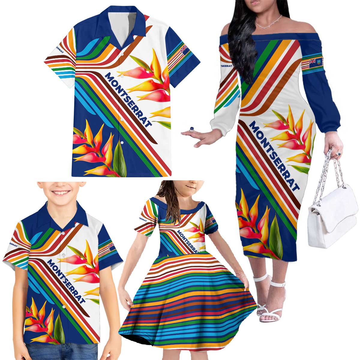 Montserrat Family Matching Off The Shoulder Long Sleeve Dress and Hawaiian Shirt with Heliconia Flower Illustration Colorful Retro Stripe Design - Wonder Print Shop