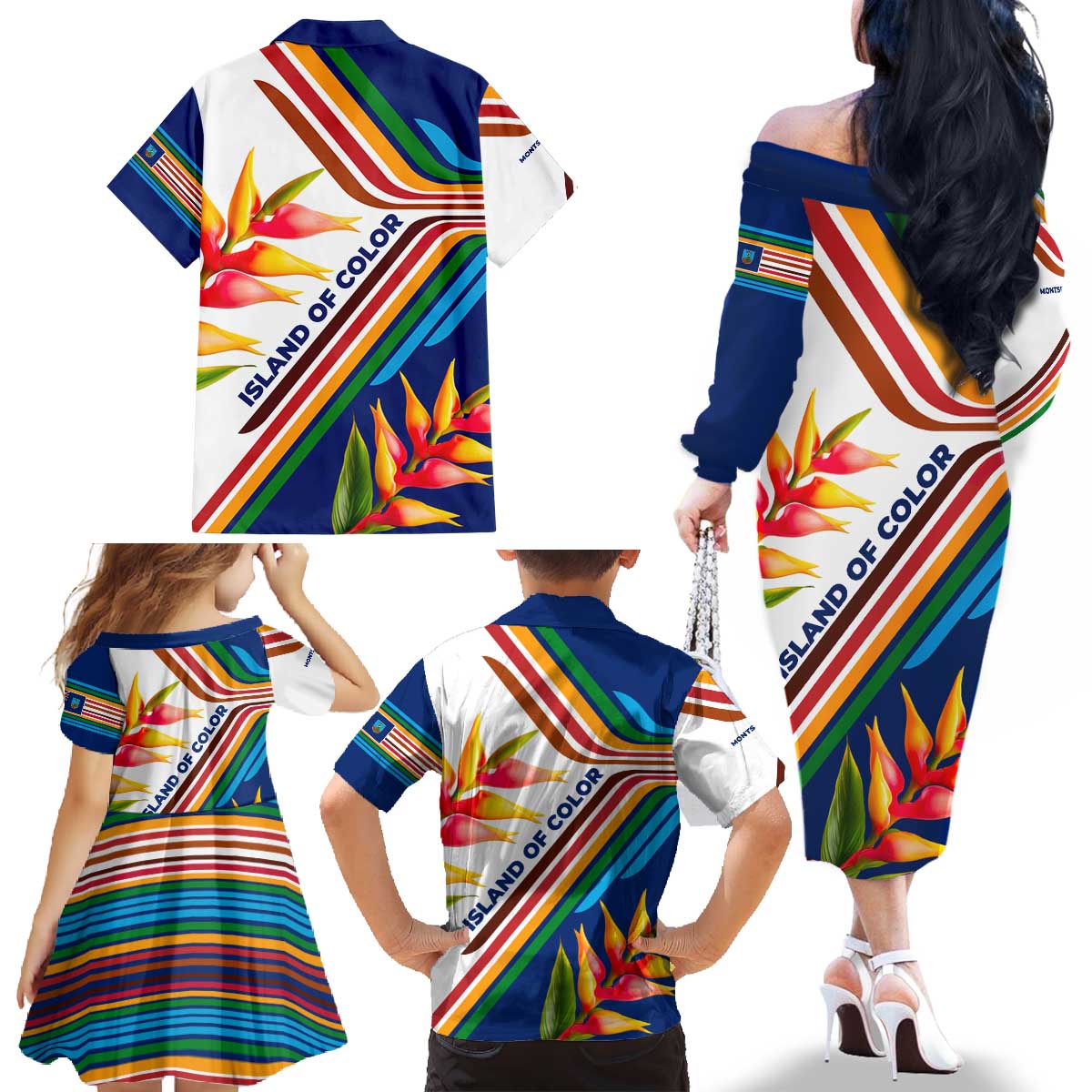 Montserrat Family Matching Off The Shoulder Long Sleeve Dress and Hawaiian Shirt with Heliconia Flower Illustration Colorful Retro Stripe Design - Wonder Print Shop