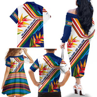 Montserrat Family Matching Off The Shoulder Long Sleeve Dress and Hawaiian Shirt with Heliconia Flower Illustration Colorful Retro Stripe Design - Wonder Print Shop