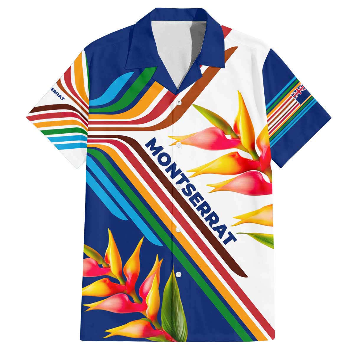 Montserrat Family Matching Off The Shoulder Long Sleeve Dress and Hawaiian Shirt with Heliconia Flower Illustration Colorful Retro Stripe Design - Wonder Print Shop