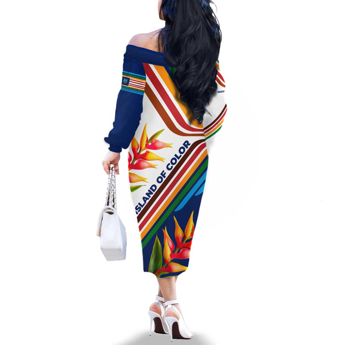 Montserrat Family Matching Off The Shoulder Long Sleeve Dress and Hawaiian Shirt with Heliconia Flower Illustration Colorful Retro Stripe Design - Wonder Print Shop