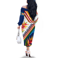 Montserrat Family Matching Off The Shoulder Long Sleeve Dress and Hawaiian Shirt with Heliconia Flower Illustration Colorful Retro Stripe Design - Wonder Print Shop
