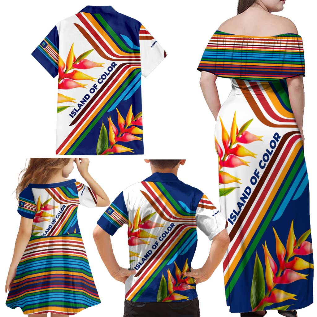 Montserrat Family Matching Off Shoulder Maxi Dress and Hawaiian Shirt with Heliconia Flower Illustration Colorful Retro Stripe Design - Wonder Print Shop