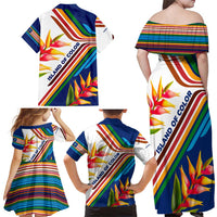 Montserrat Family Matching Off Shoulder Maxi Dress and Hawaiian Shirt with Heliconia Flower Illustration Colorful Retro Stripe Design - Wonder Print Shop