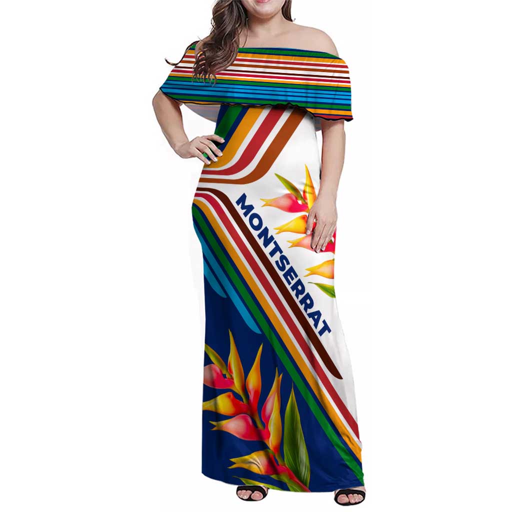 Montserrat Family Matching Off Shoulder Maxi Dress and Hawaiian Shirt with Heliconia Flower Illustration Colorful Retro Stripe Design - Wonder Print Shop