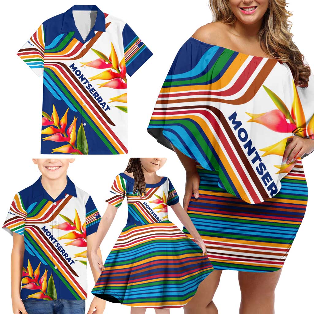 Montserrat Family Matching Off Shoulder Short Dress and Hawaiian Shirt with Heliconia Flower Illustration Colorful Retro Stripe Design - Wonder Print Shop