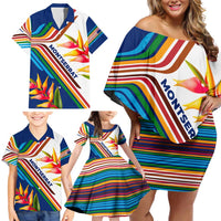 Montserrat Family Matching Off Shoulder Short Dress and Hawaiian Shirt with Heliconia Flower Illustration Colorful Retro Stripe Design - Wonder Print Shop