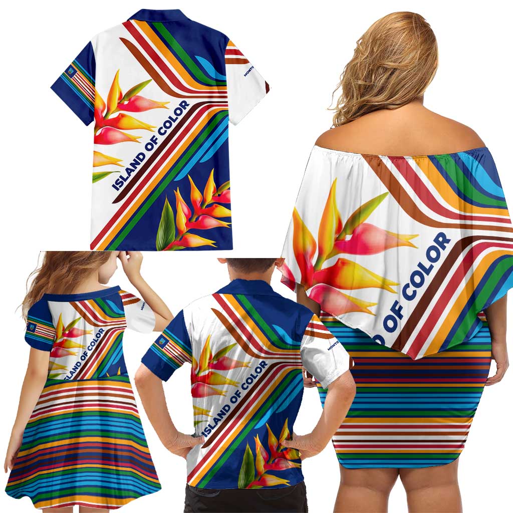 Montserrat Family Matching Off Shoulder Short Dress and Hawaiian Shirt with Heliconia Flower Illustration Colorful Retro Stripe Design - Wonder Print Shop