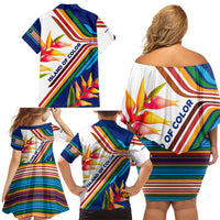 Montserrat Family Matching Off Shoulder Short Dress and Hawaiian Shirt with Heliconia Flower Illustration Colorful Retro Stripe Design - Wonder Print Shop