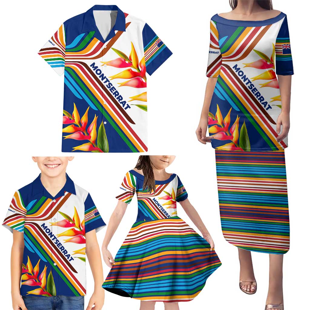Montserrat Family Matching Puletasi and Hawaiian Shirt with Heliconia Flower Illustration Colorful Retro Stripe Design - Wonder Print Shop