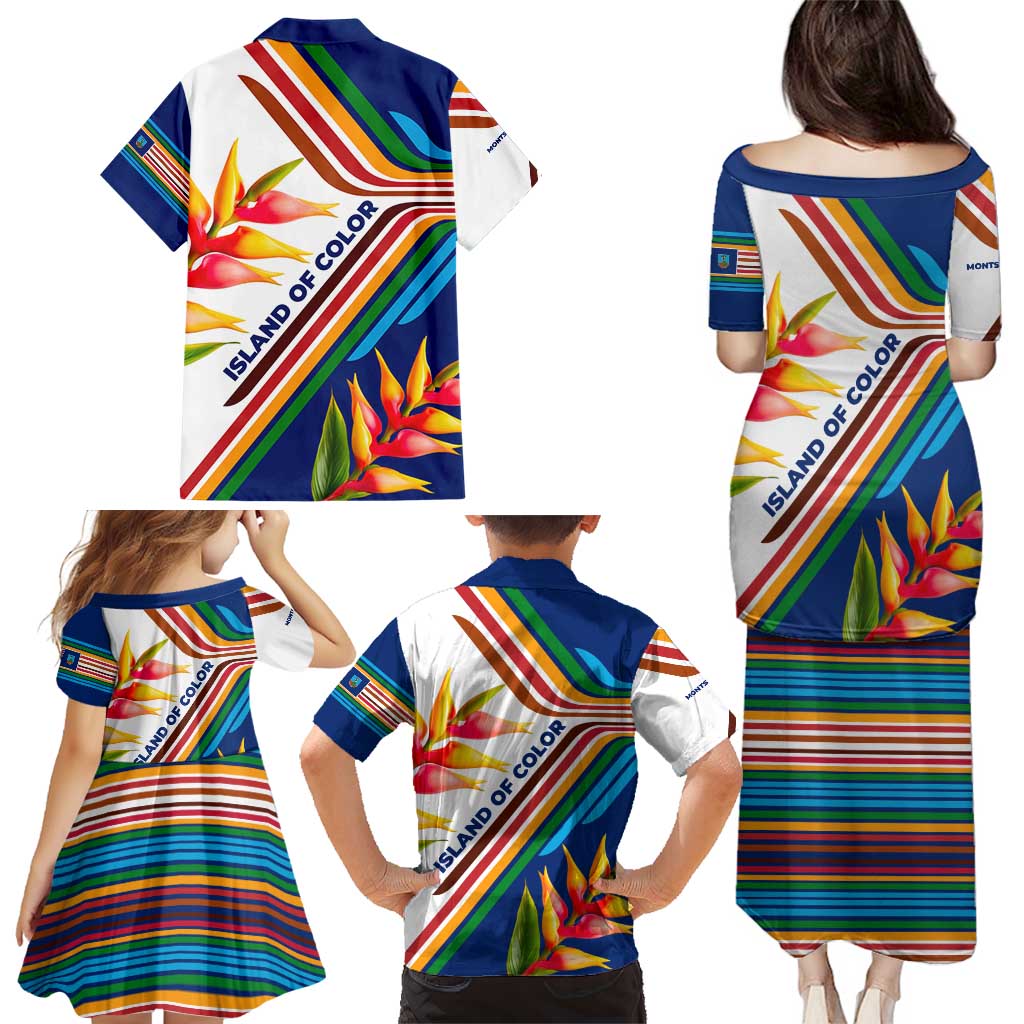 Montserrat Family Matching Puletasi and Hawaiian Shirt with Heliconia Flower Illustration Colorful Retro Stripe Design - Wonder Print Shop