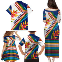 Montserrat Family Matching Puletasi and Hawaiian Shirt with Heliconia Flower Illustration Colorful Retro Stripe Design - Wonder Print Shop