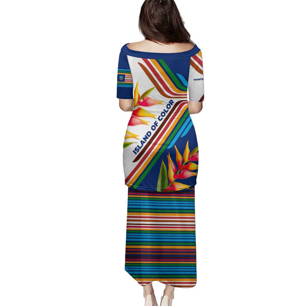 Montserrat Family Matching Puletasi and Hawaiian Shirt with Heliconia Flower Illustration Colorful Retro Stripe Design - Wonder Print Shop